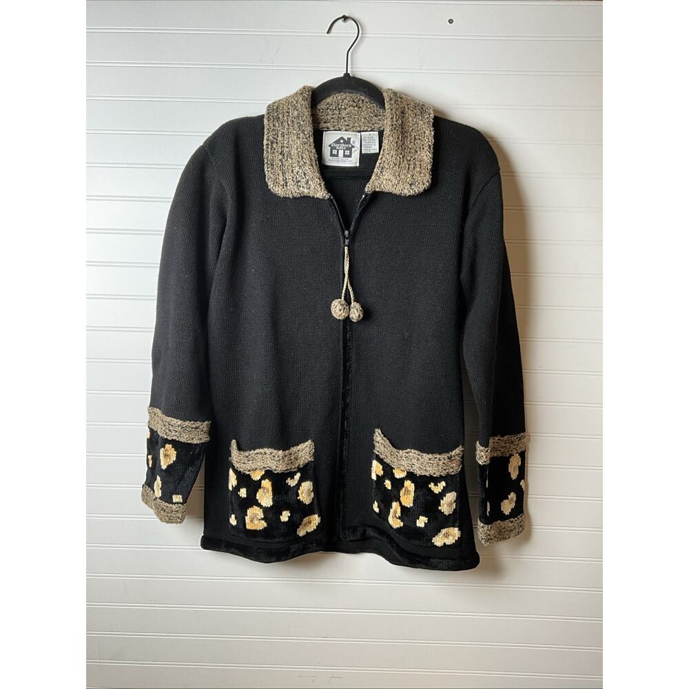 Women’s S Storybook Knits Full Zip Cardigan Black/Yellow Daisies? Sassy Spots